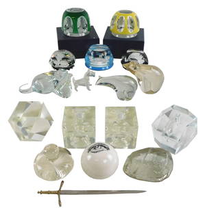GLASS: Glass or acrylic paperweights and letter opener, eighteen pieces, most unmarked, details: GLASS: Glass or acrylic paperweights and letter opener, eighteen pieces, most unmarked, details include: five Baccarat cut-to-clear cameo glass depicting Andrew Jackson, Thomas Paine, and others, four