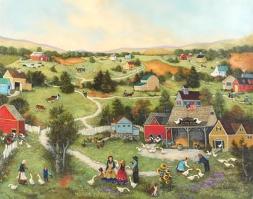 Linda Nelson Stocks, "Feeding Grandma's Geese", 1994, oil on canvas, signed and dated lower right,