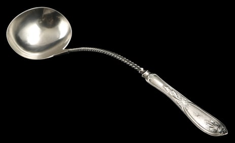 SILVER: Wood & Hughes punch ladle, tested silver, likely coin, stamped "W & H", twisted and