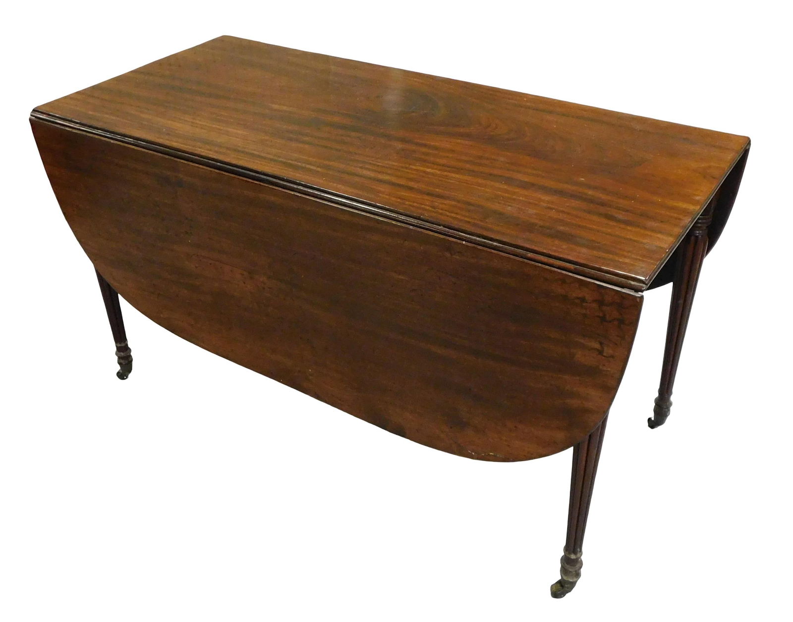 Sheraton mahogany drop leaf dining table, c. 1800, Boston, Massachusetts, oblong top, curved leaves (1 of 2)