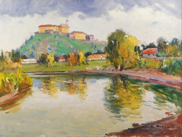 20th C. landscape with church on hill, oil on canvas, Impressionistic style composition features