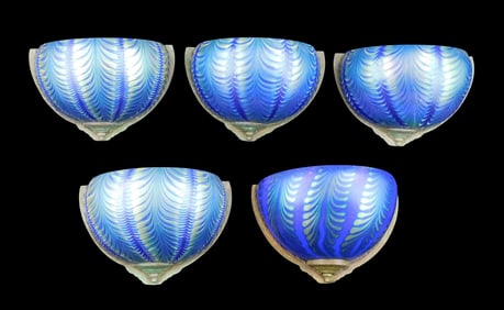 ART GLASS: Five Contemporary handblown wall sconces, 20th C., four matching one similar, copper