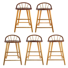 Five Thomas Moser bowback bar stools, 20th C., cherry and ash, carved saddle seats, signed and dated