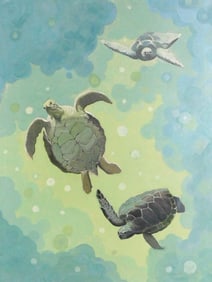 20th C. sea life painting featuring turtles, oil on canvas, three sea turtles float in stylized