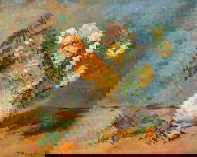 Mid-20th century floral still life, oil on canvas board, arrangement of orange, yellow, and white: Mid-20th century floral still life, oil on canvas board, arrangement of orange, yellow, and white florals in white stoneware vase, foliage on the table surrounding, black outlining throughout arrangem