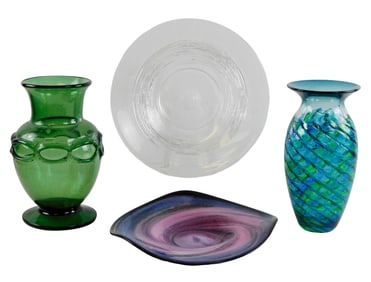 ART GLASS: Four pieces of art glass, two platters and two larger vases, 20th C., the first platter a