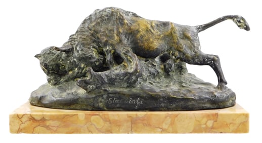 SCULPTURE: Wolves and attacking bull bronze signed "A Staccioli", Brutalist style, raised on beige