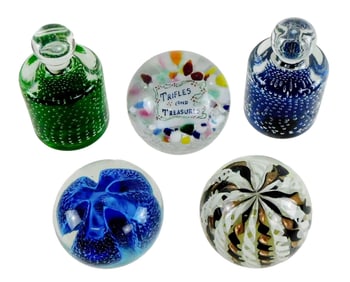 GLASS: Five paperweights, 20th C., details include two cylindrical-form with ball at top, both with