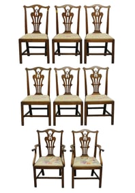 Set of eight English country dining chairs, late 19th C., mahogany, two arm and six side, shaped