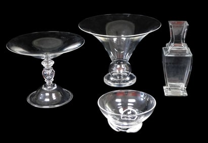 Steuben and Baccarat, four pieces: vase, bowl, tazza/compote, small dish; Steuben tazza, turned form