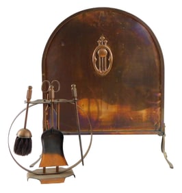 Copper Art Nouveau fireplace screen and tools, six pieces, unmarked, details include: arched screen
