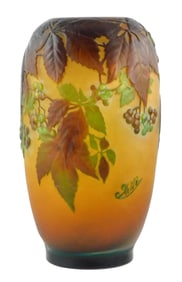 ART GLASS: Large Galle signed cameo souffle relief vase, France, c. 1930, mold-blown glass, "Rowan