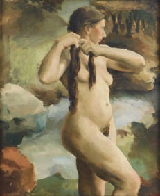 20th C. Impressionistic nude by water, oil on canvas board, woman stands at water's edge braiding