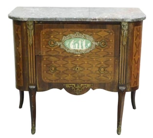 Louis XV style parquetry commode with jasperware cameo plaque, late 19th/ 20th C., inlaid panels and