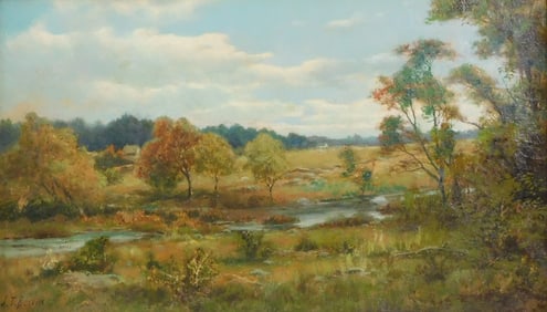 20th C. summer landscape signed "J.T. Benson", oil on canvas, stream winds through landscape with