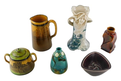 Minton Secessionist, Jais Nielsen, etc., art nouveau vases, sugar pot, pitcher, and bowl, six