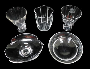 Steuben, etc., six pieces, details include: 100th Anniversary Hersey twisted vase with baby and