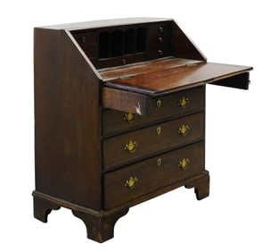 George III mahogany slant front desk, English, late 18th C., lid opens to fitted interior, four