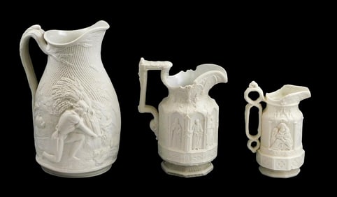 Charles Meigh, etc., three English 19th C. parian pitchers, details include: smallest a "York