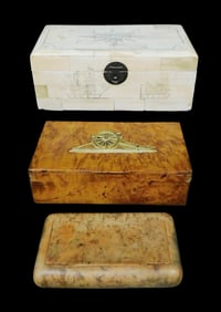 Three trinket boxes, including: burlwood box with applied gold-tone cannon design to top, 2?? h. x