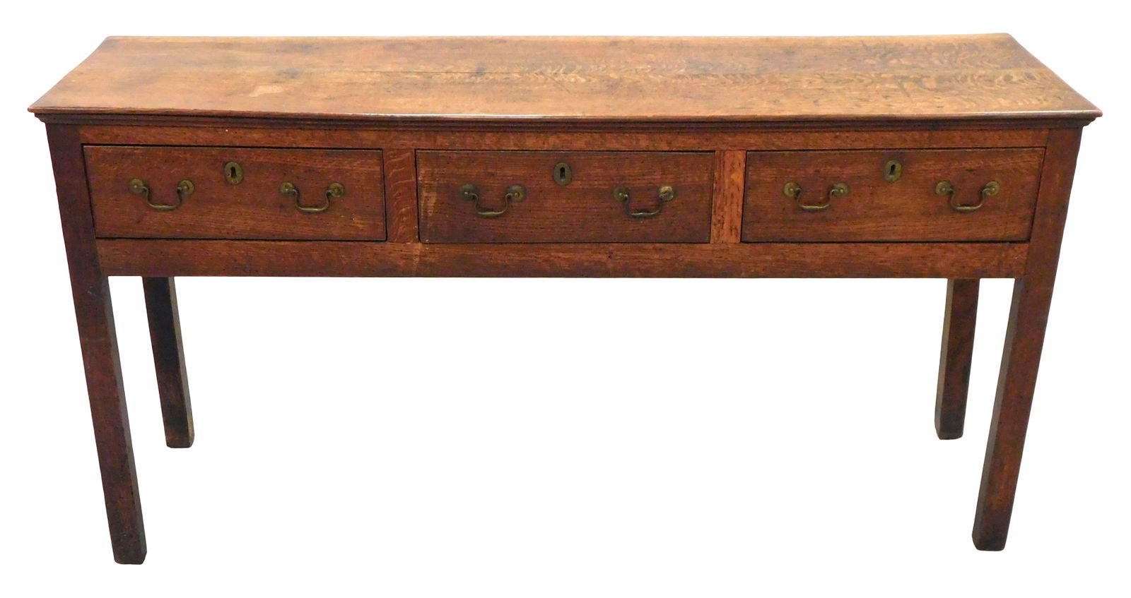 English oak dresser, c. 1780, oblong top, three drawers across frieze, all with cockbeading, bail (1 of 4)