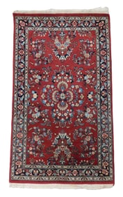 RUG: Modern Persian style, 4' 3" l. x 2' 6" w., sarouk design, red field, details in cream, dark and