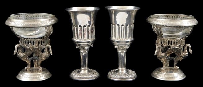 SILVER: Four silver cups on foot: two Israeli silver Kiddush cups on pedestal foot with fluted sides