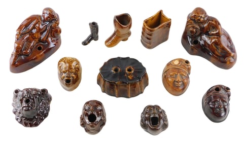 Bennington/Rockingham wares, twelve pieces, unmarked, ten inkwells include: two sleeping figure