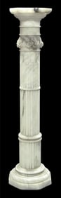 Marble pedestal, white with grey veins, square cut-corner top, columnar standard with floral band