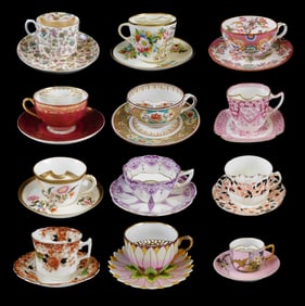 Twelve 19th C. mustache cups and saucers, twenty-four pieces total, British, Austrian, German, etc.,