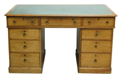 Late 19th C. Victorian mahogany partners desk, tooled green leather top, frame with two banks of