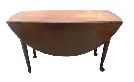 English rural mid-18th C. drop leaf swing leg table, mahogany, oak secondary, oval when extended,