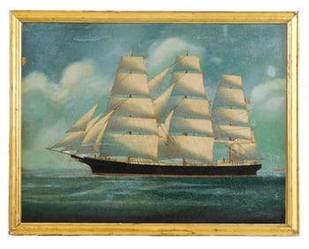China Trade oil on canvas ship portrait, c. 1860, American sailing ship fully rigged on open waters,
