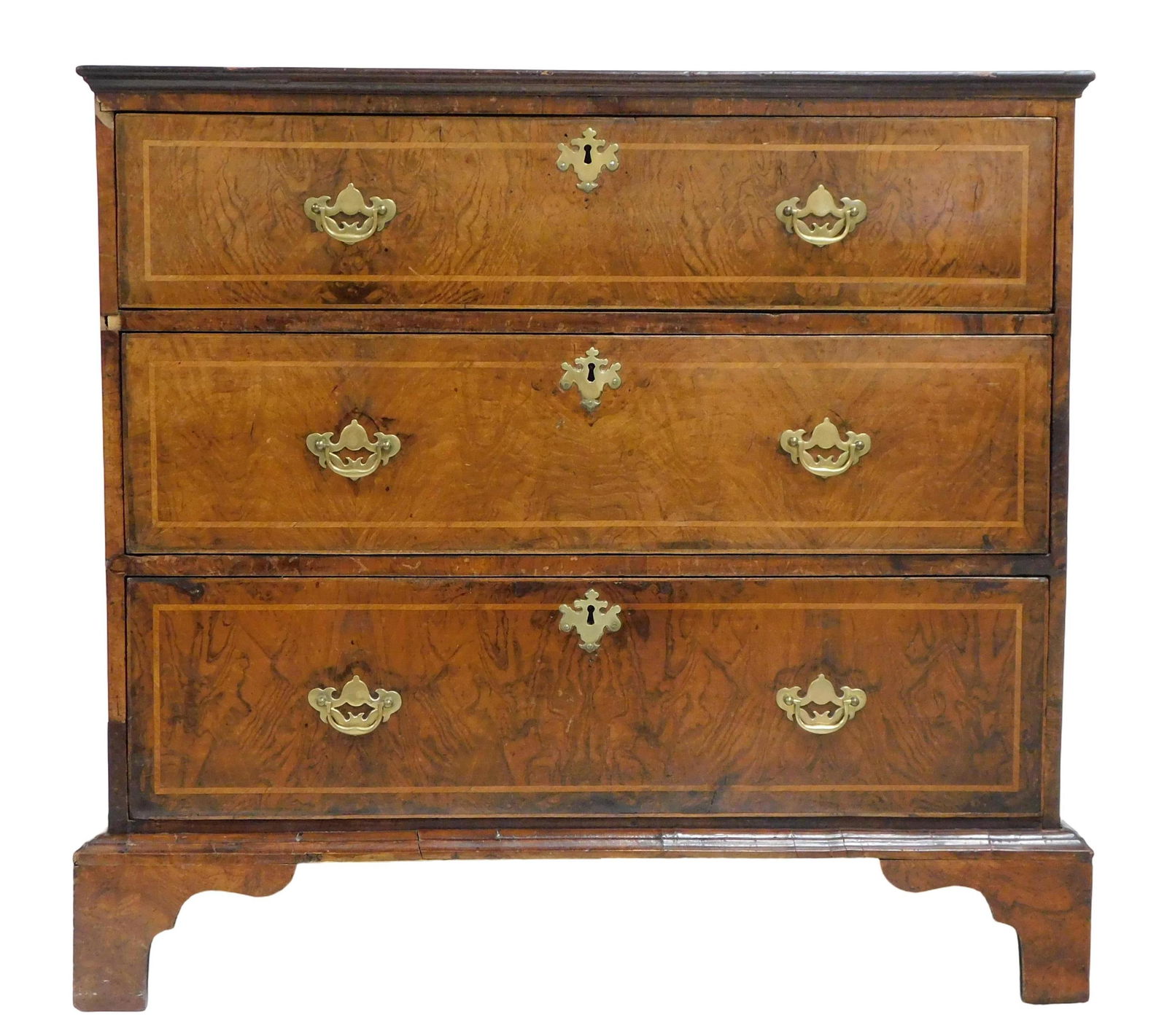 George III inlaid chest of three graduated drawers, English, late 18th C., walnut, molded top, (1 of 3)