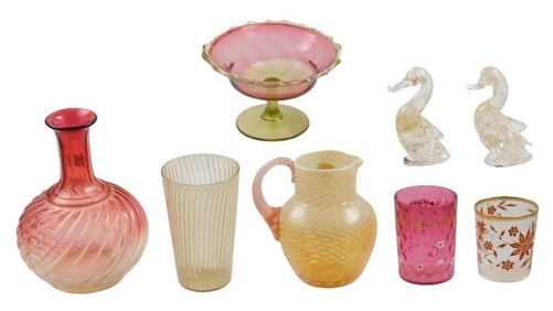 GLASS: Eight pieces of colored glassware, 19th/20th C., details include: Rubina vase with swirled