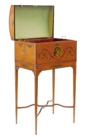 Edwardian Adamesque domed box on frame, c. 1900, with hand painted floral garlands and portrait