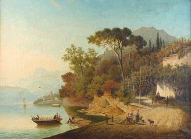Oil on canvas of Continental bay with figures, 19th C., possibly Italian, depicts a Mediterranean