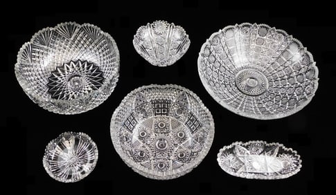 Six cut crystal glass bowls, sawtooth and scalloped rims, unmarked, details include: three large