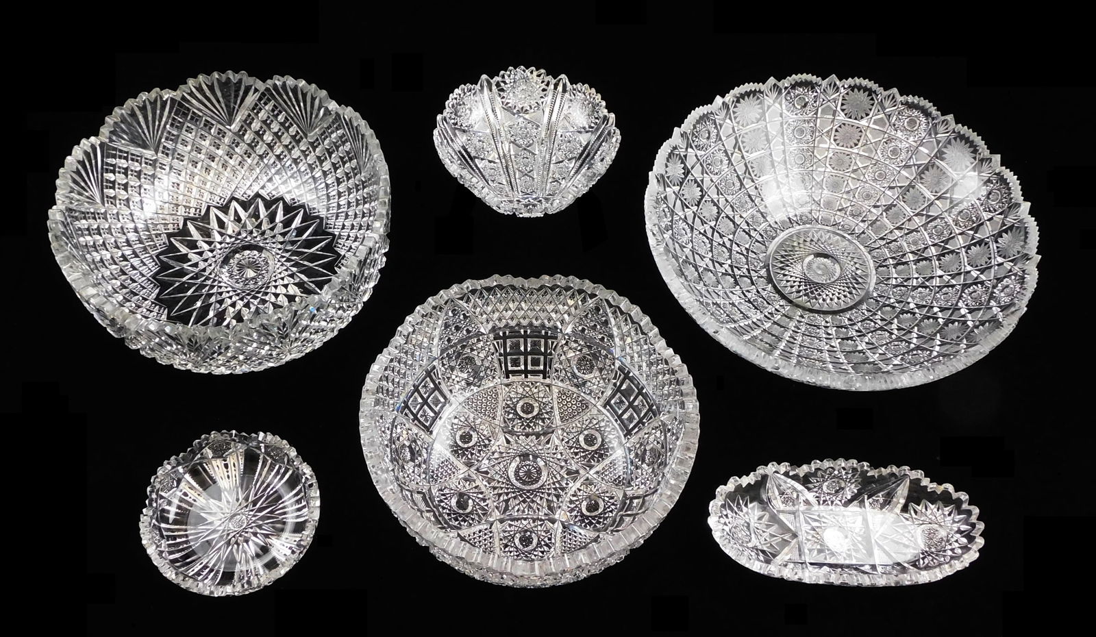 Six cut crystal glass bowls, sawtooth and scalloped rims, unmarked, details include: three large (1 of 5)
