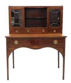 Bonheur du jour lady’s desk, late 19th C., mahogany and mahogany veneer, with two glazed cabinet