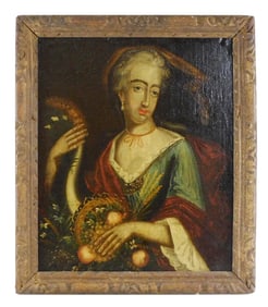 18th C. style primitive portrait of Queen Anne, oil on canvas, framed, she's seated in blue dress