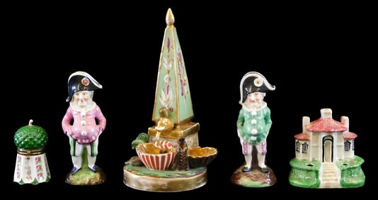 Staffordshire inkwells and figurines, five pieces total, most unmarked, details include: Punch and