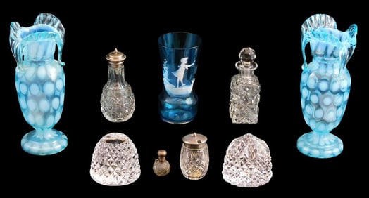 ART GLASS: Nine pieces of cut glass and turquoise blue glass, including: Fenton-style pair of