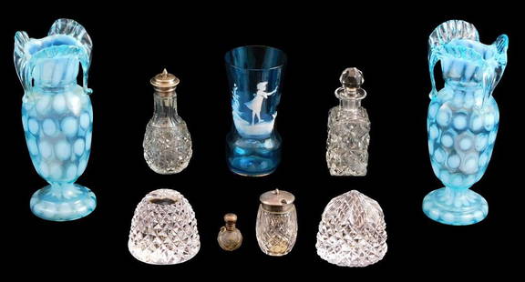 ART GLASS: Nine pieces of cut glass and turquoise blue glass, including: Fenton-style pair of: ART GLASS: Nine pieces of cut glass and turquoise blue glass, including: Fenton-style pair of opalescent coin dot vases, both translucent turquoise blue with opalescent coin dot design, each with thre