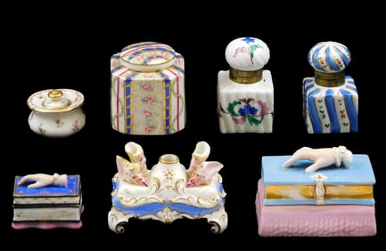 Dresden, etc., Continental porcelain inkwells, seven pieces total, details include: Dresden small