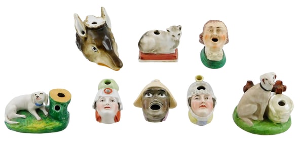 Staffordshire, eight figural inkwells, glazed porcelain, three with maker's marks, details include: