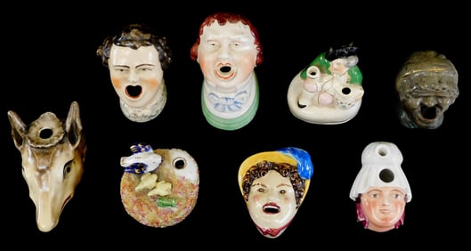 Staffordshire, eight figural inkwells, 19th C., England, glazed porcelain, unmarked, two with wells
