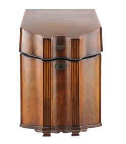 Knife box, c. 1800, figured mahogany veneer, contrasting inlay and stringing to shaped sides and