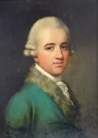 19th C. portrait of a gentleman, oil on canvas, he wears a pale blue coat with fur collar and