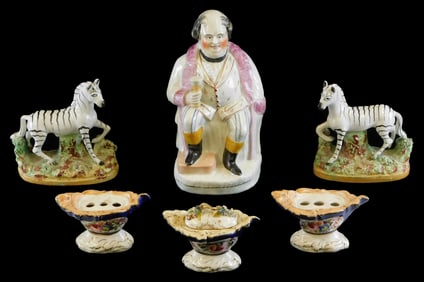 Staffordshire figurines and inkwells, six pieces, porcelain, unmarked, details include: figurine